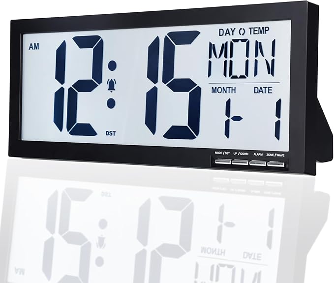 16 Inch Large Digital Wall Clock with Big Easy Read Numbers, Auto DST & Temperature, Jumbo Display with Date & Weekday, Simple Set, Battery Operated, for Living Room Office Classroom Gym or Seniors