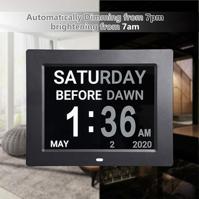 Yescom 8 Inch Large Digital Calendar LCD Day Clock for Elderly, 8 Alarms Options Dimmable Dementia Clock for Seniors Day & Date w/Large Number,Easy to Read, Home Wall Table Black