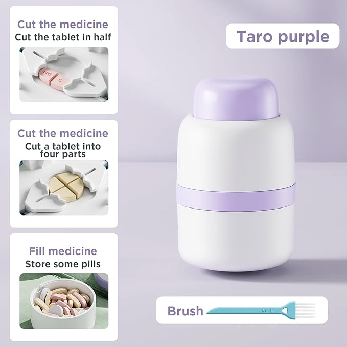 Pill Cutter 1/4 - Pill Splitter with Stainless Steel Blade for Cutting Small Pills or Large Pills in one Fourth, Suitable for Cuting Vitamins, Tablets (1-4 Purple)