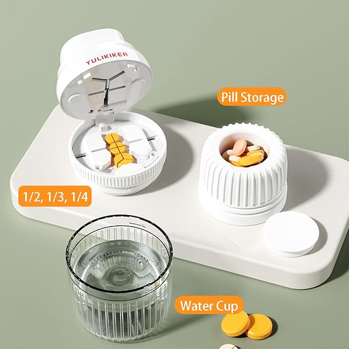 Pill Cutter with Grinder and Water Cup, 7 in 1 Multi-Functional Medicine Splitter(White)