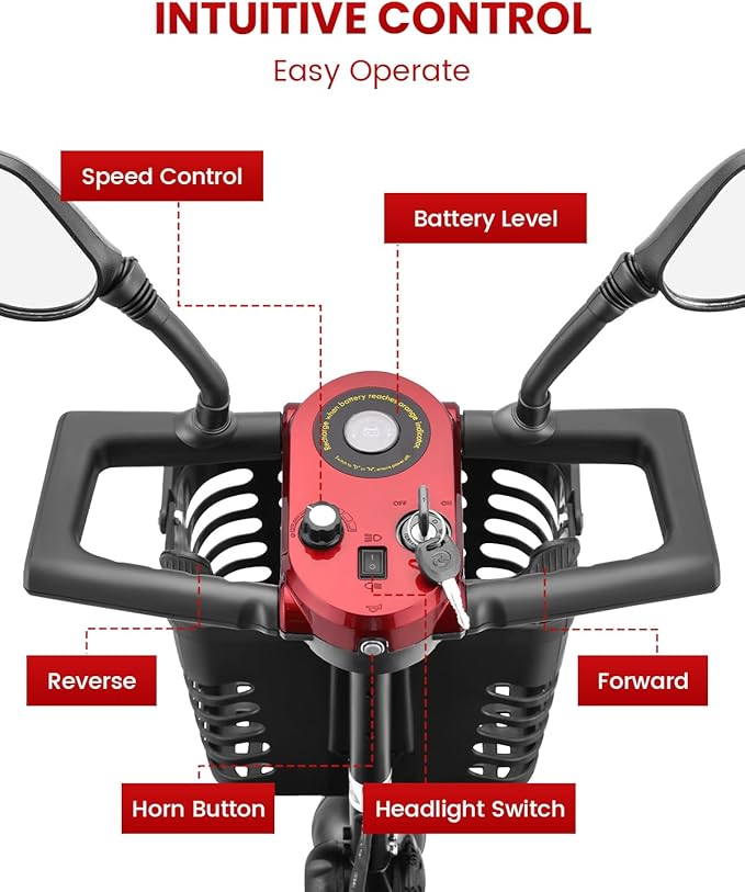 4 Wheel Mobility Scooter for Adults, All-Terrain Portable Electric Scooter, Folding Mobility Scooter with Adjustable Seat, 350W Motor, 12.5 Miles Range, Max Speed 5 Mph (Red)