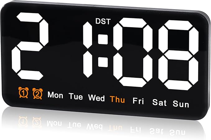 9.5 Inch Large Digital Wall Clock with LED Display, Auto DST, Dual Alarm with Snooze, Adjustable Brightness, Temperature & Date Display, Wall Mount or Desk Clock for Bedroom, Living Room, Office-White
