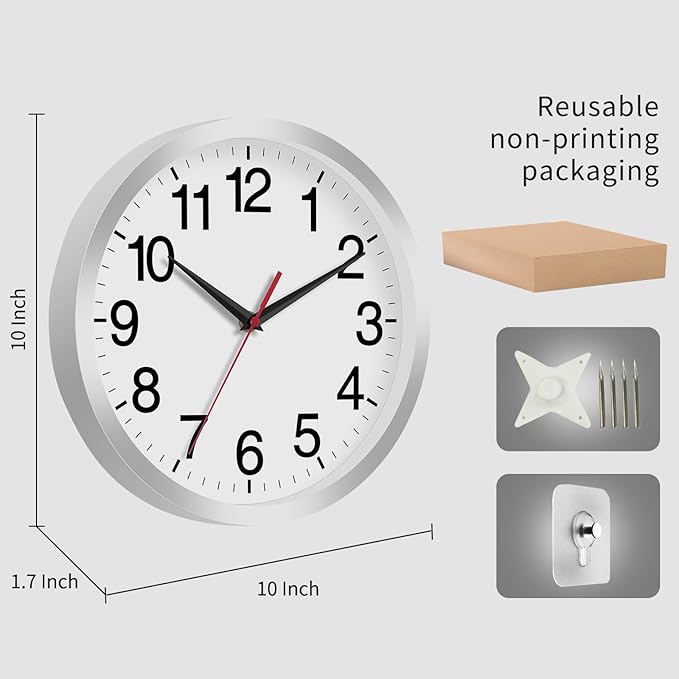 Rohioue Wall Clock Modern 10 Inch Battery Operated Silent Non Ticking Analog Clock Decorative for Bedroom Kitchen Bathroom Office Home Living Room (Silver)