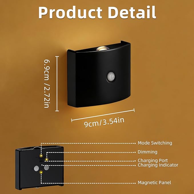 2 Pack Motion Sensor Wall Light, Rechargeable Wall Sconce with 3 Color Temperatures and Brightness Adjustable, Wireless Magnetic Mount for Bedroom, Stair, Hallway, Closet (1, Black)