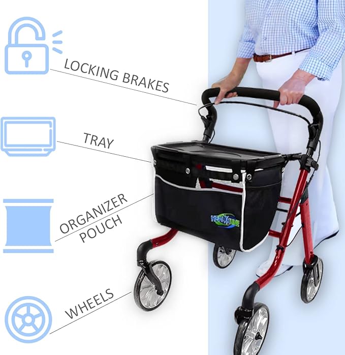 HEALTHLINE Rollator Walker for Seniors - Lightweight 4 Wheel Eldery Walker Heavy Duty - Rollator Walkers for Seniors with Basket & Tray - Narrow Doors Indoor Rollator Red Color