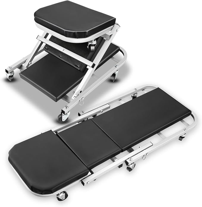 Foldable Creeper, 2-in-1 Rolling Garage Z Creeper Car & Seat, 40" Roller Mechanics Under Car Chair, 330 LBS Weight Capacity Heavy Duty, Silver/Black
