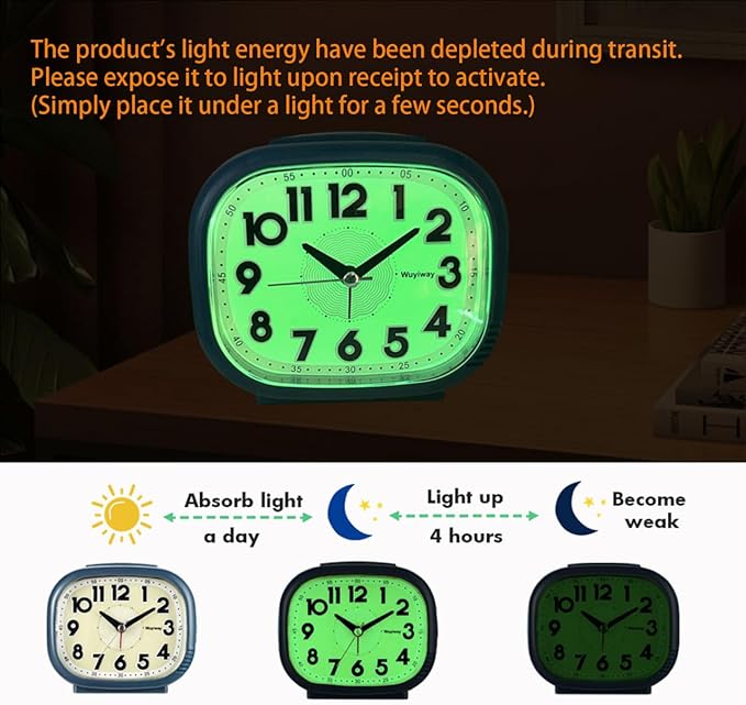 Vintage Retro Analog Alarm Clock, Battery Operated, Silent No Ticking, Glow in Dark Dial, Lighted on Demand and Snooze, Blue, 4.7" x 3.9" x 2.7"