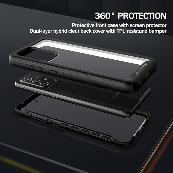 wahhle Compatible with Samsung Galaxy A52 Case, Built in Screen Protector Full Body Shockproof Slim Fit Bumper Protective Phone Cover for Samsung A52S & A52 4G/5G Men Women-Black/Clear