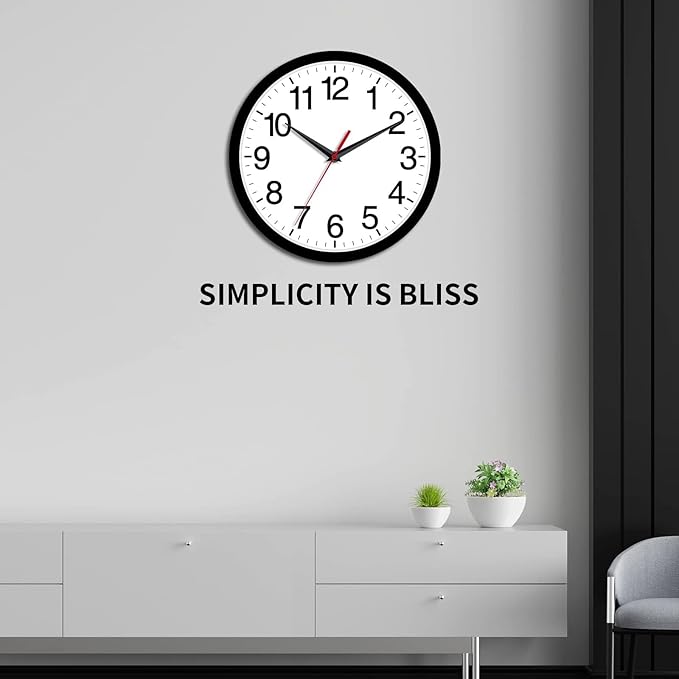 Rohioue 12 Inch Wall Clock Modern Battery Operated Silent Non Ticking Analog for Bedroom Office Living Room Home Kitchen Bathroom(Black)