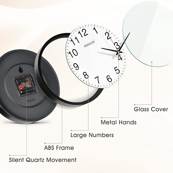 WISKALON 10 inch Silent Non-Ticking Elegant Black Frame Wall Clock,Classic Digital Wall Clocks with Glass,Battery Operated Easy to Read Decorative for Home Office School Kitchen White