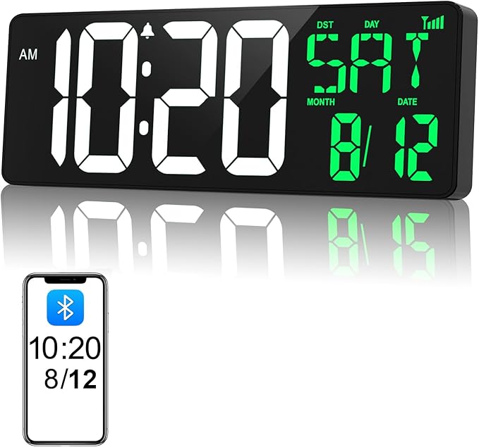 17 Inch Digital Wall Clock Large Display Bluetooth Sync Time, Auto-Dimming Large Digital Wall Clock with Remote, Date/Week/Temperature/DST, Plug-in Digital Clock for All Spaces Use, Gift