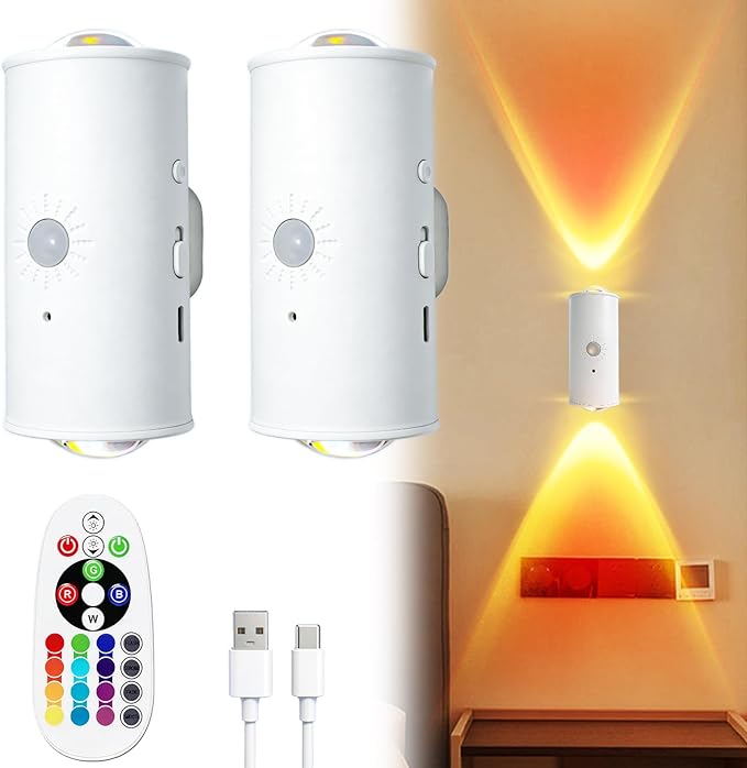 Motion Sensor Night Light 2 Pack, 16 Color Change LED Projector Wall Lamp, Toilet Nightlight Closet Sensor Light for Bathroom Bedroom Stairs Corridor Hallways Decor