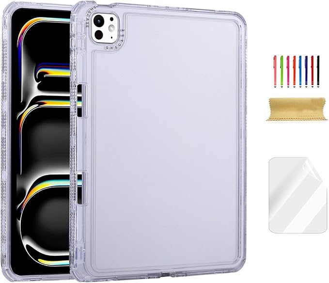 Dteck for iPad Pro/Air 13" (M5/M4/M3/M2), Pro 12.9" (6th/5th/4th/3rd Gen) Clear Case with Pencil Holder/Screen Protector Film/Stylus, 3 Layers Protective Lightweight Slim Transparent Cover, Crystal