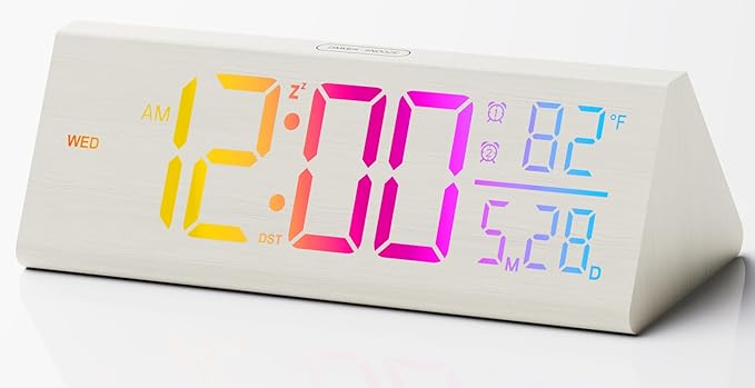 Solid Wood Digital Alarm Clock for Bedroom - 8.8 Inch Large Display for Living Room, See Time Instantly! Multicolor Backlight Time Display, Dual Alarms, Date/Temp/Day, DST, Snooze (White)