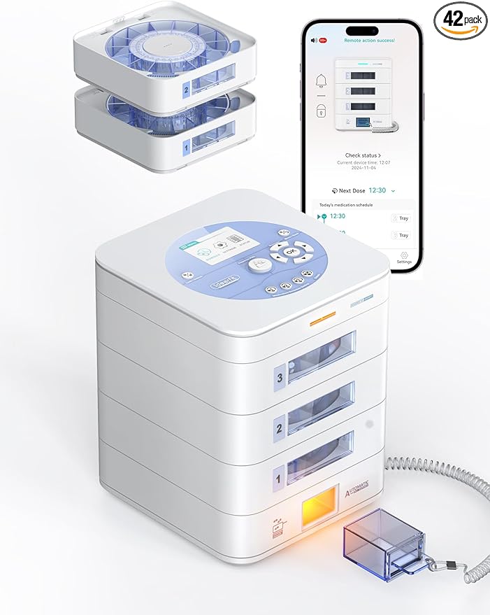 42-Day(1X) Automatic Pill Dispenser – App & On-Device Setup by Family, LCD Display, Digital Lock, Sound & Light Alerts – Safe Medication Organizer Management for Seniors (3-Tray)