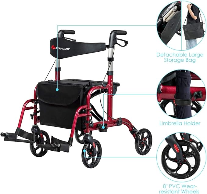 GOPLUS 2 in 1 Rollator Walkers for Seniors, Folding Rollator Walker with Seat, 8-inch Wheel Medical Drive Walker Wheelchair Combo with Backrest, Adjustable Handle for Adults, Aluminium Frame