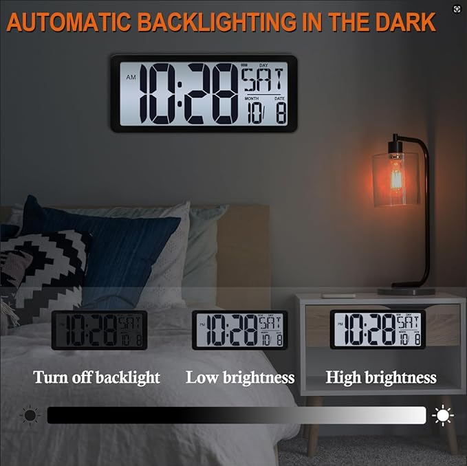 15 Inch Large Rechargeable Digital LCD Wall Clock with Backlight Glow in the Dark,Night Light Wall Clock with Week,Date & Temperature,DST,Alarm Display for Living Room, Bedroom, Gift for Elderly