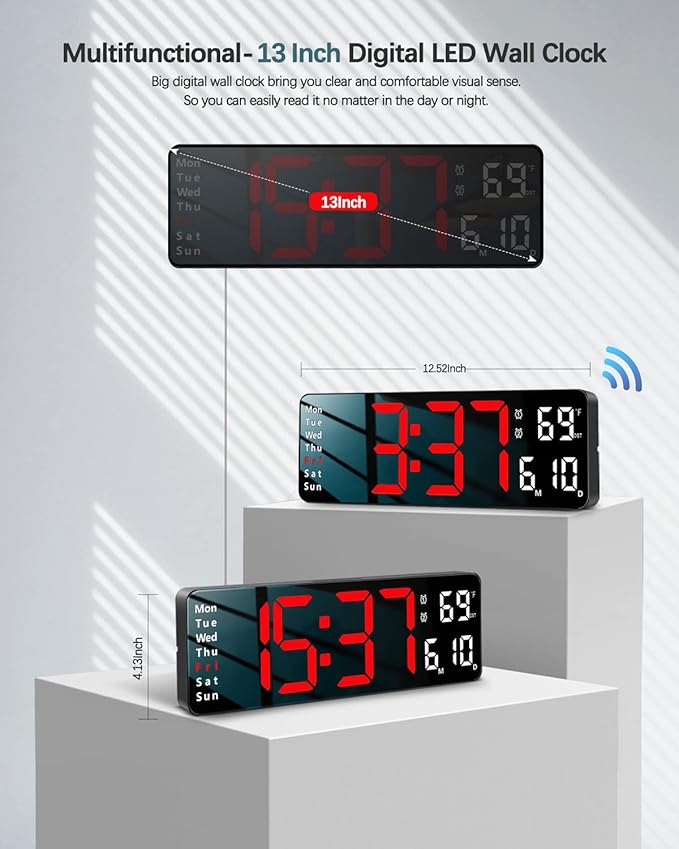 JoFomp Digital Wall Clock - 13" Large LED Display, Loud Alarm, Remote Control, DST, Auto-Dimming, Date and Day, Timer, Temperature - 12/24H Format - Ideal for Living Room, Bedroom, Kitchen