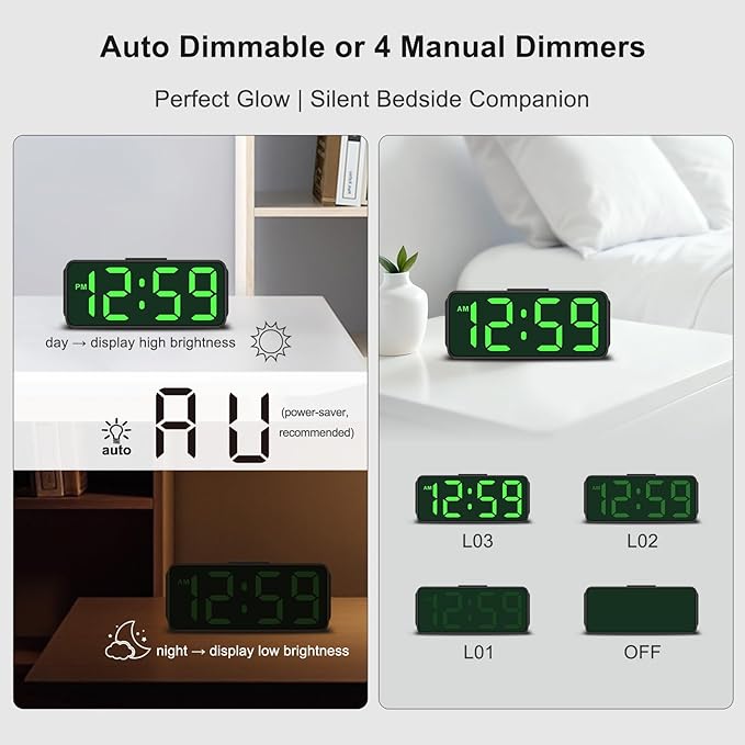 Peakeep Small Battery Powered Digital Alarm Clocks for Bedrooms Bedside, Cordless Tiny Travel Portable Desk Clock, Large Numbers Auto Dimmable, LED Display 4 Dimmers, 5 Alarm Volumes