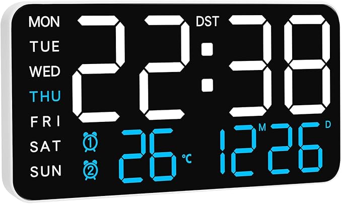 KCKJ Large Digital Alarm Clock for Bedroom & Home - with Temperature, Date and Weekday Display, Adjustable Brightness & Volume, Dual Use for Desk or Wall Mount