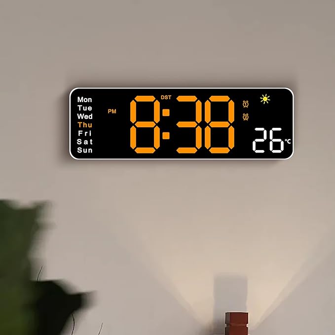 Large LED Digital Wall Clock with Alarm Timer - Auto Dimming Clock with Temperature, Weather and Calendar, Remote Control, Classroom Décor, for Bedroom, Office, Living Room (Orange)
