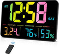 MASHI Digital Clock, 13" Large Display Digital Wall Clock, Adjustable Brightness Calendar Clock with Day and Date,DST,Alarms,Humidity,Temperature for Desk,Wall Mounted (Black Case Color Light)