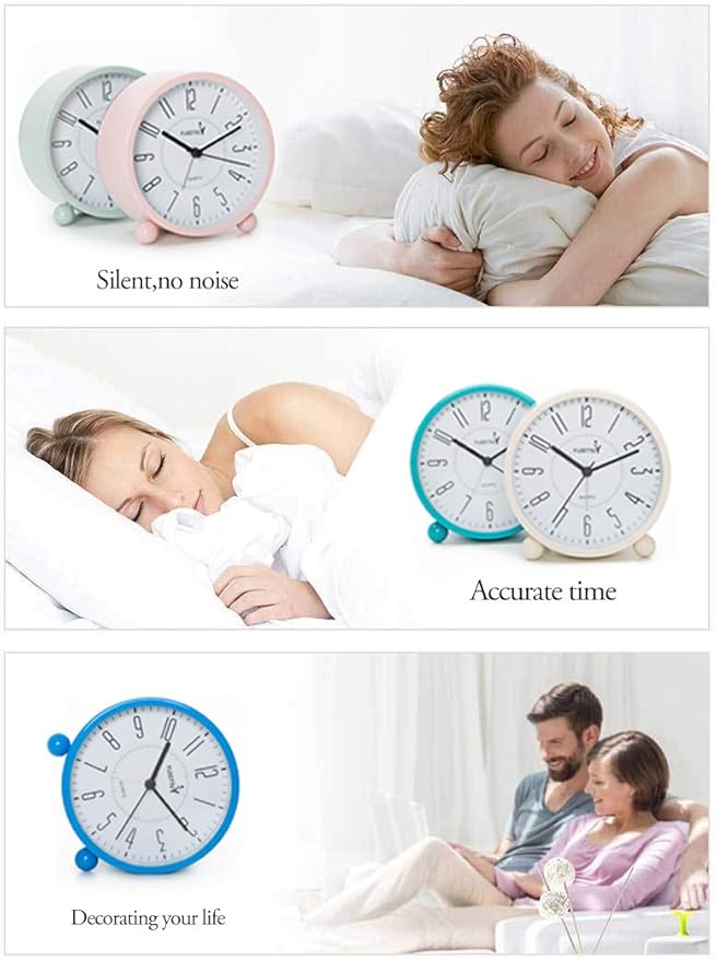 FLOITTUY Super Silent Metal Alarm Clock,Beep Wake Round Alarm Clock with Night Light,Battery Operated,Easy Set,Simple & Retro for Desk, Bedroom and Home Decoration(Pink)