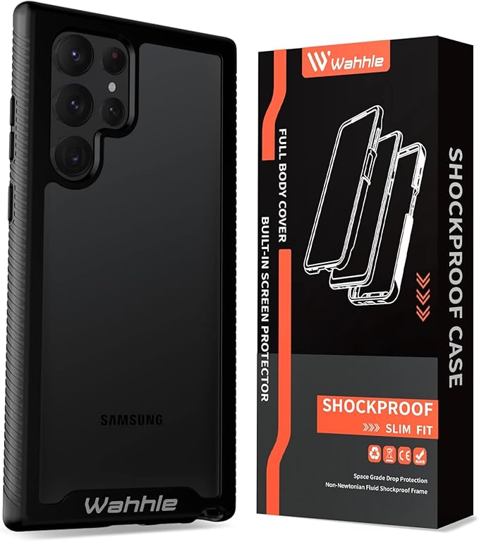 wahhle Compatible with Samsung Galaxy S22 Ultra Case, Built in Screen Protector Full Body Shockproof Slim Fit Bumper Protective Phone Cover for Samsung S22 Ultra 5G-Black/Clear