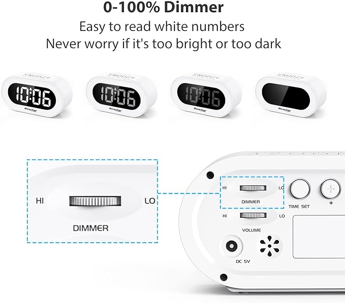 REACHER Small LED Digital Alarm Clock with Snooze, Simple to Operate, Full Range Brightness Dimmer, Adjustable Alarm Volume, Outlet Powered Compact Clock for Bedrooms, Bedside, Desk, Shelf(White)
