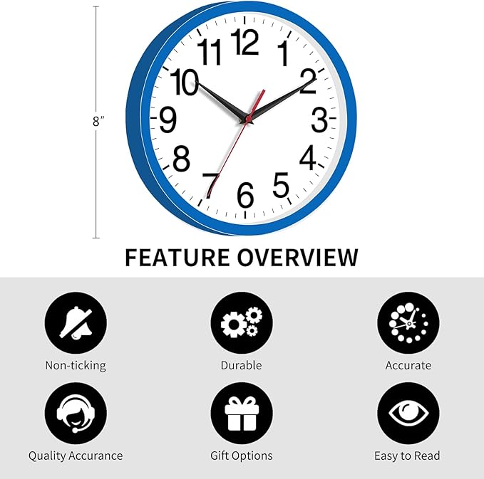 Rohioue Wall Clock Modern 8 Inch Battery Operated Silent Non Ticking Small Analog Clock Decorative for Bedroom Kitchen Bathroom Office Home (Blue)