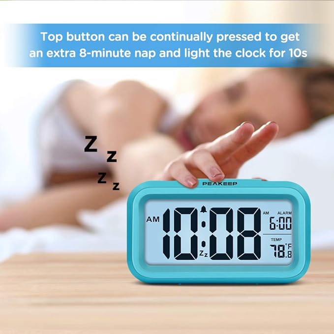 Peakeep Night Light Digital Alarm Clock Battery Operated with Indoor Temperature, Desk Small Clock (Blue)
