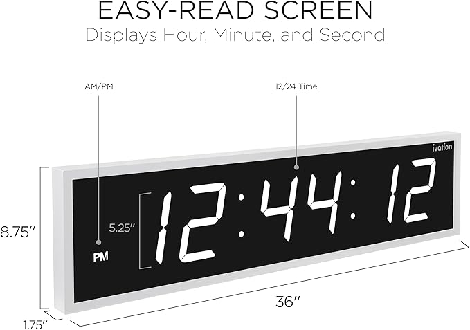 Ivation Oversized Large Digital Wall Clock - Big LED Digital Clock w/Large Display & Durable Aluminum Frame Shelf or Wall Mount (36 Inch - White) 6 Brightness Levels | Time Memory | Remote