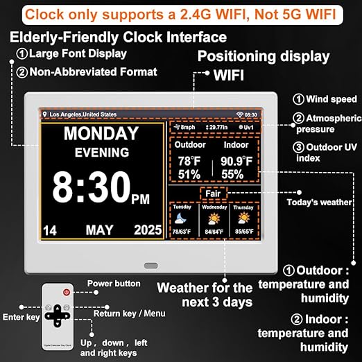 2025 Digital Clock with Auto Time Sync, Weather Forecast, Perpetual Calendar, Photo Frame, Temperature/Humidity Sensor & Custom Alarms - Large Display (White, 10.1 inch)