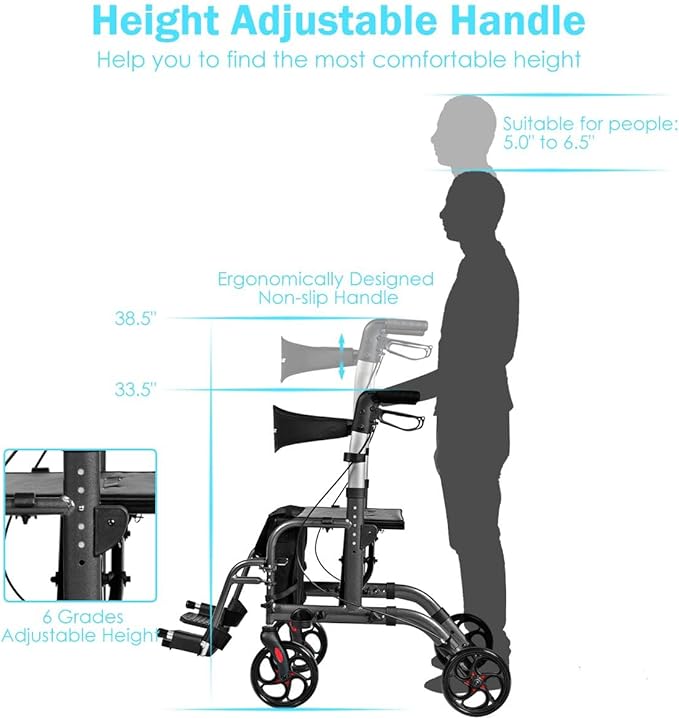 GOPLUS 2 in 1 Rollator Walkers for Seniors, Folding Rollator Walker with Seat, 8-inch Wheel Medical Drive Walker Wheelchair Combo with Backrest, Adjustable Handle for Adults, Aluminium Frame