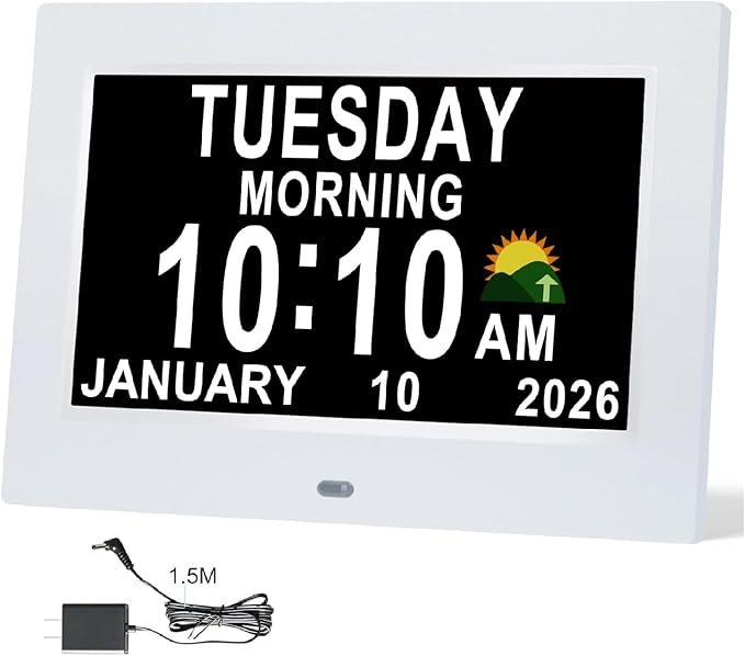 KASTISS Dementia Digital Clock for Seniors 7" Large Display Clock with Day and Date for Elderly Easy to Use 15 Alarms 5 Colors Auto Dimmable Alarm Clock for Bedroom Classroom Senior Gifts (White)