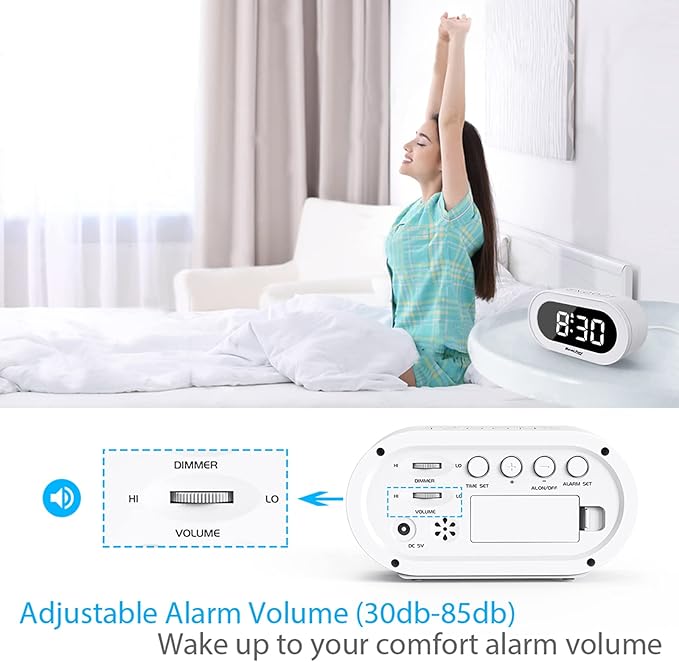 REACHER Small LED Digital Alarm Clock with Snooze, Simple to Operate, Full Range Brightness Dimmer, Adjustable Alarm Volume, Outlet Powered Compact Clock for Bedrooms, Bedside, Desk, Shelf(White)