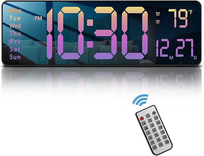 JoFomp Modern 16" Large Digital Wall Clock with Remote Control, LED Display, Auto-Dimming, Countdown, Temperature, Calendar - 12/24Hr Format - Silent Wall Clock for Home, Office (Gradient Pink)