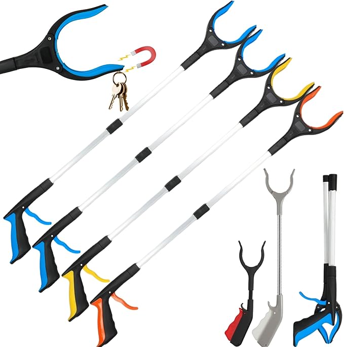 6-Piece Reacher Grabber Set - 32" Foldable Aluminum Pickup Tool with Swivel Claw & Magnet (4 Pack) + 16" Stainless Steel & 12" Iron Mini Grabbers, Heavy Duty Trash Picker & Garden Nabber
