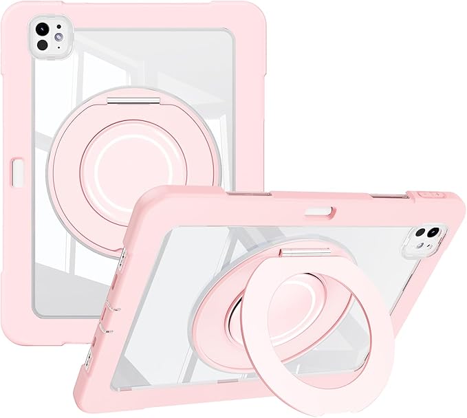 Dteck for iPad Pro 11 inch (M4/M5) 2024/2025 Release Shockproof Clear Case with Stylus Pencil Holder/Rotating Kickstand/Swivel Handle, Lightweight Protective Slim Transparent Tablet Cover Shell, Pink