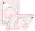 Dteck for iPad Pro 11 inch (M4/M5) 2024/2025 Release Shockproof Clear Case with Stylus Pencil Holder/Rotating Kickstand/Swivel Handle, Lightweight Protective Slim Transparent Tablet Cover Shell, Pink