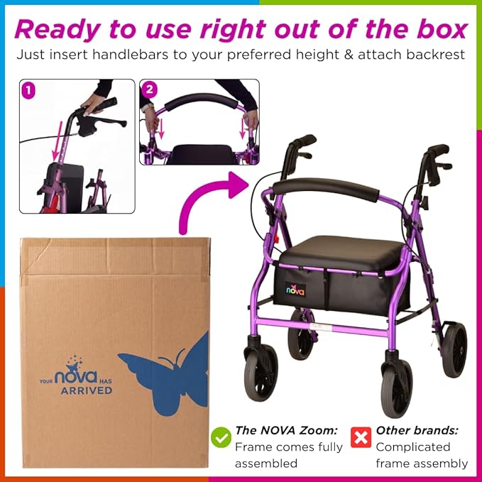NOVA Zoom 20 Rollator Walker for Seniors, Rolling Walker with Locking Hand Brakes, Padded Seat & 8" Wheels, Lock N Load for Easy Transport & Storage, Adjustable Height 5'2"–5'8", Purple