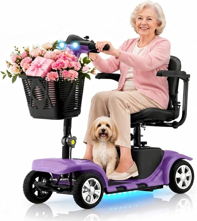XERATH Mobility Scooters for Seniors Lightweight and Portable,Mobility Scooter with LED Headlights and Basket,lightest Foldable Mobility Scooter 4 Wheels Electric Powered Chargeable Device (Purple)