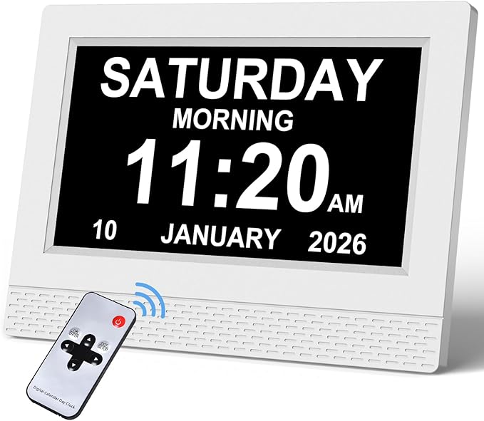 Clock with Day and Date for Elderly, 7" Display Digital Calendar Day Clock with 21 Custom Alarms and Medicine Reminders, 17 Display Modes, Dimmable Dementia Alzheimers Clocks for Seniors