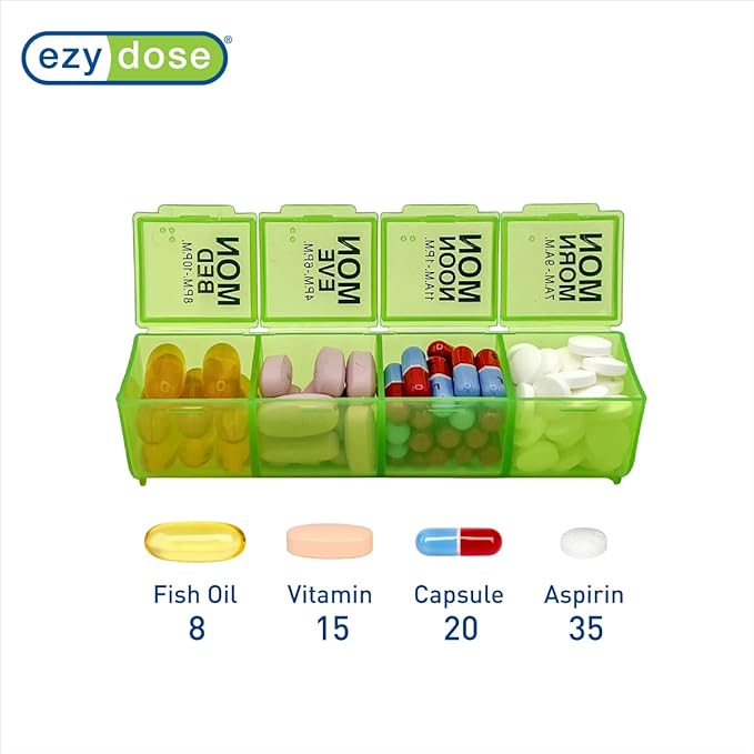 Ezy Dose Weekly (7-Day) Pill Organizer, Vitamin and Medicine Box, Large Pop-Out Compartments, 4 Times a Day, Green