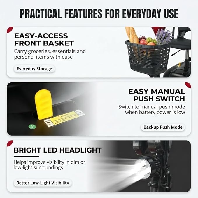 Mobility Scooter 4-Wheel for Seniors, Airport Approved, 264 Max Load Capacity, Portable Motorized Scooters Mobility Aid with Removable Seat, Detachable Front Basket & LED Headlights Red
