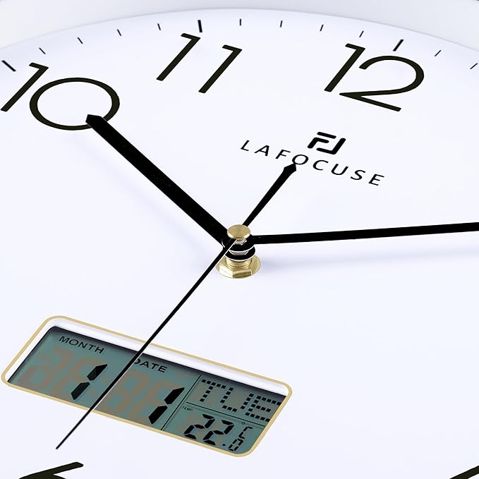 Lafocuse 12 Inch Silent Analog Wall Clock with LCD Display for Calendar and Temperature, Digital Black Wall Clocks with Date and Day Battery Operated Clock for Living Room Bedroom Office