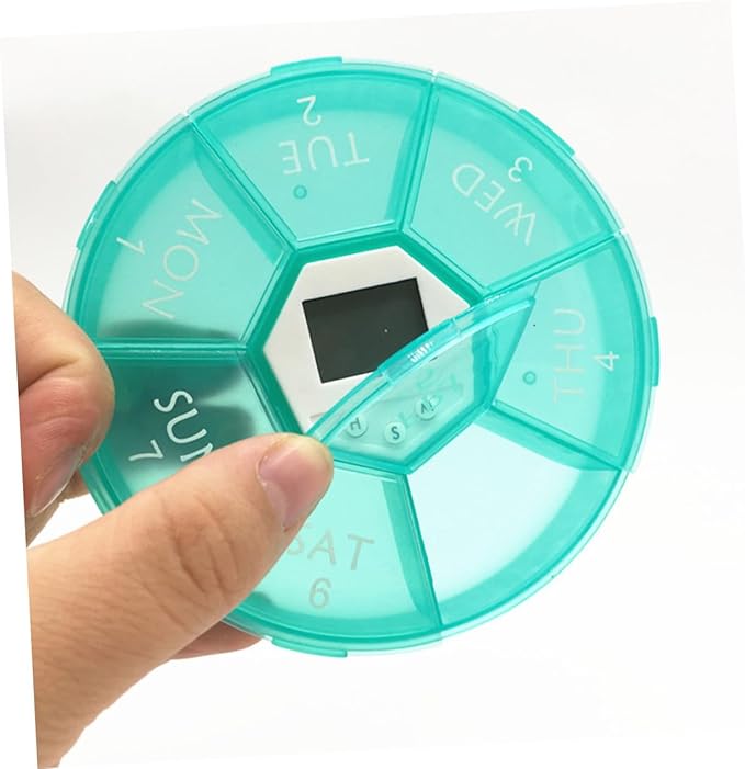 Compartments Electronic Medicine Reminder Box with Alarm Clock Portable Weekly Pill Organizer for Patients Green Easy-Read Day Labels See-Through Lids Daily Alarms to Prevent