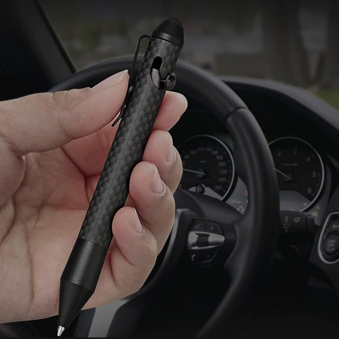 Cool Hand 4.5'' Bolt Action Pen with Stylus for Touchscreen, Rocket Style Carbon Fiber Body, Ballpoint Pen w/Pocket Clip, Classic Black