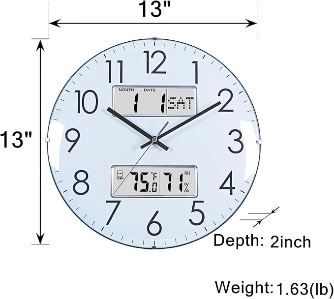 Nbdeal 13-Inch Analog Silent Wall Clock with Calendar Temperature & Humidity (White)