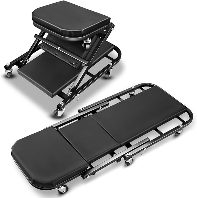 Foldable Creeper, 2-in-1 Rolling Garage Z Creeper Car & Seat, 40" Roller Mechanics Under Car Chair, 330 LBS Weight Capacity Heavy Duty, Black